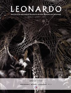 A photograph of the cover of Leonardo, Volume 42, Issue 4, August 2009. The cover features the artwork Hylozoic Soil by Philip Beesley.