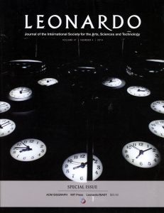 A photograph of the cover of Leonardo, Volume 47, Issue 4, August 2014. The cover features the artwork Looking Glass Time by Yoichi Ochiai.